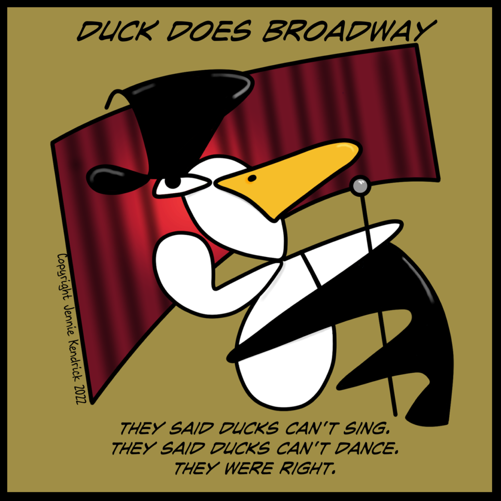 Duck Does wearing a top hat and carrying a cane, in front of a red curtain.