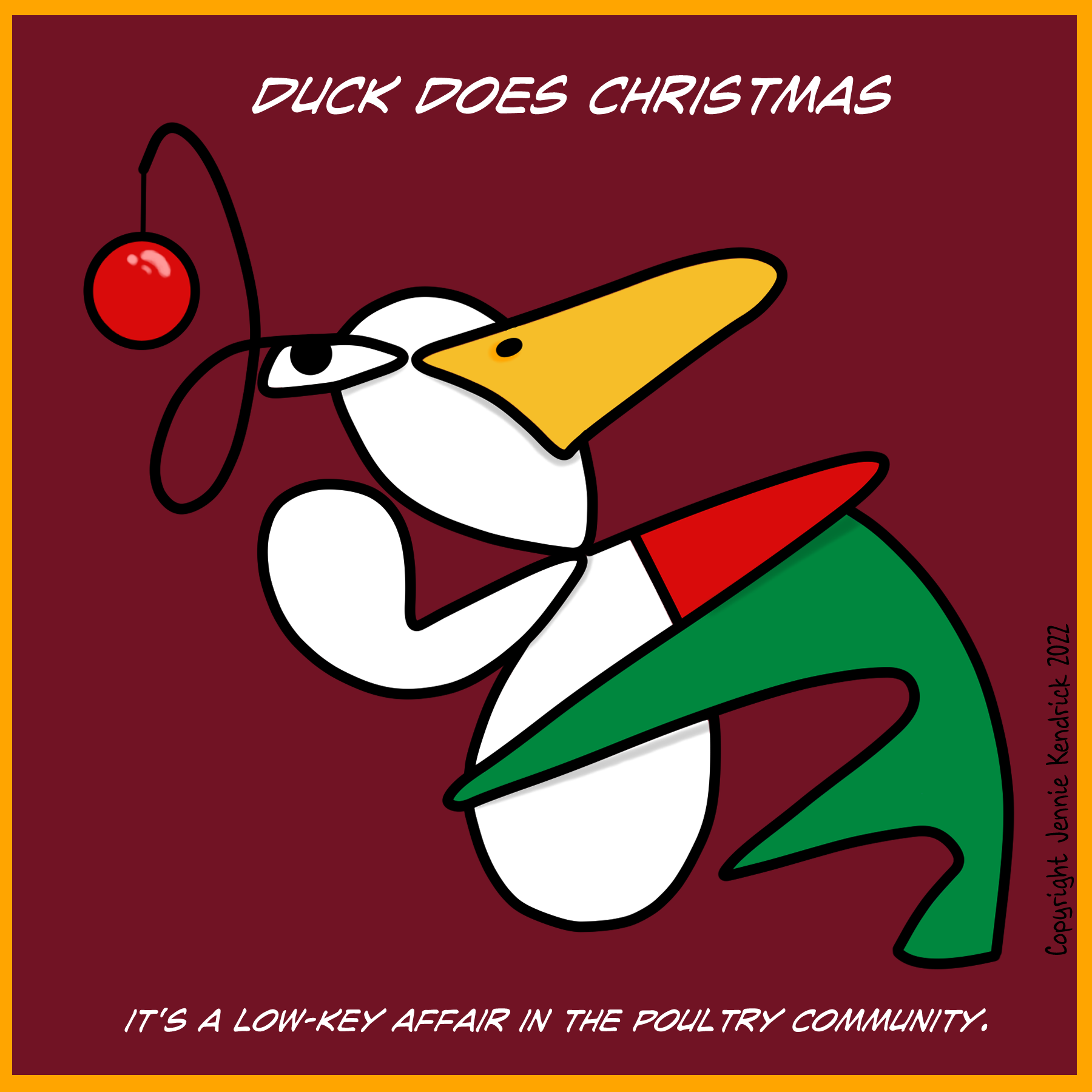 Duck Does wearing red and green, with red bauble in his hair.