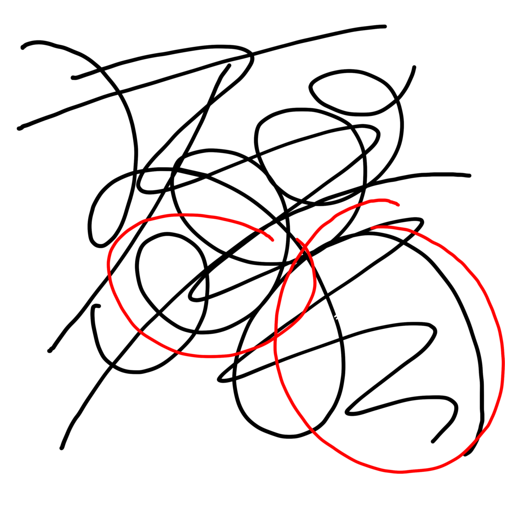 An image of the black squiggles with the arms and wing circled in red.