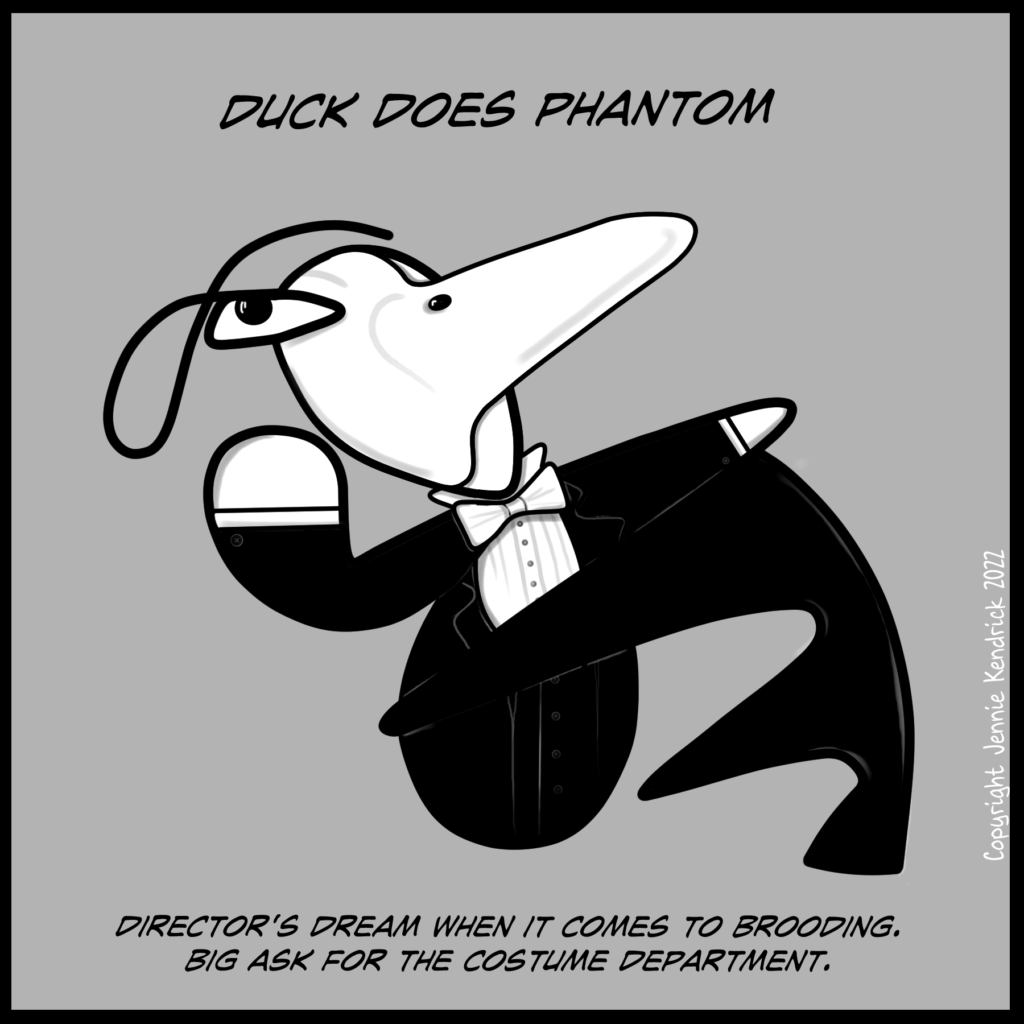 Duck Does wearing a white mask and dressed in a black evening suit.