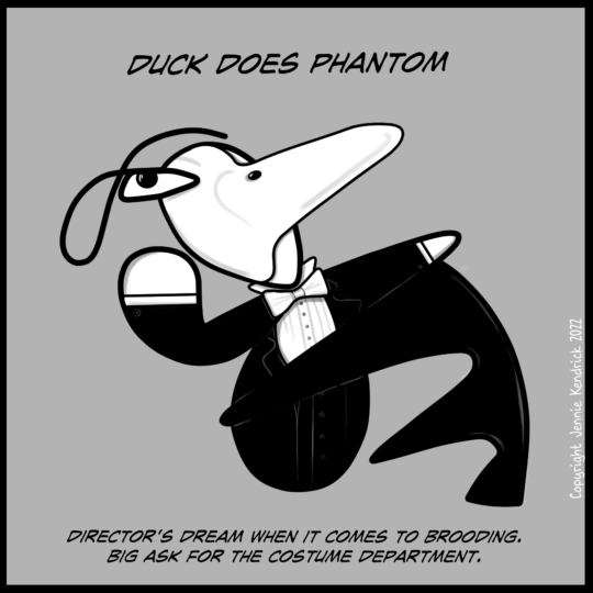 Duck Does wearing a white mask and dressed in a black evening suit.