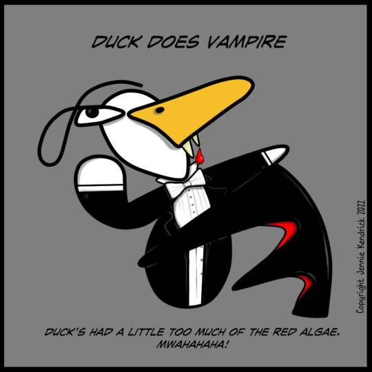 Duck Does in evening dress with fangs, from which a drop of 'blood' is falling.