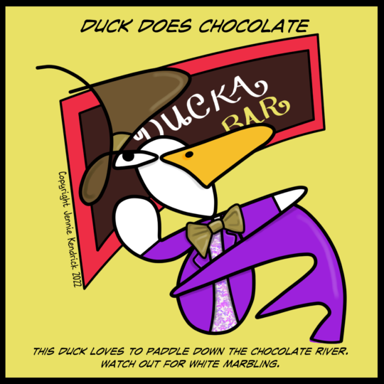 Duck Does wearing a top hat and purple suit, in front of a 'Ducka' chocolate bar.