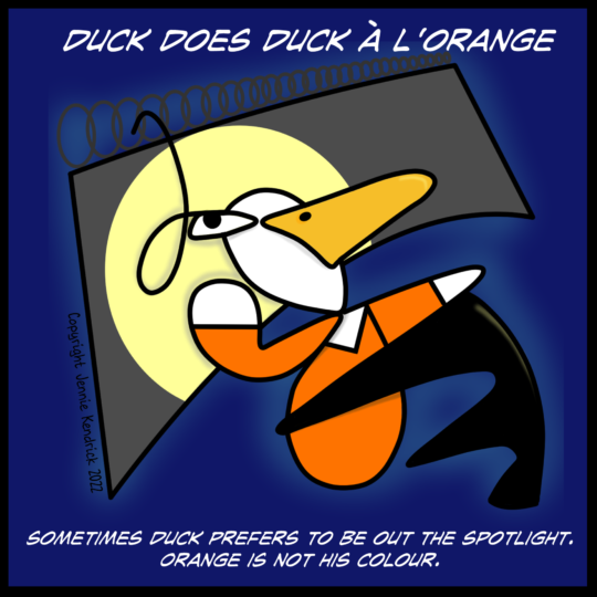 Duck Does in a searchlight, wearing an orange prisoner's uniform.